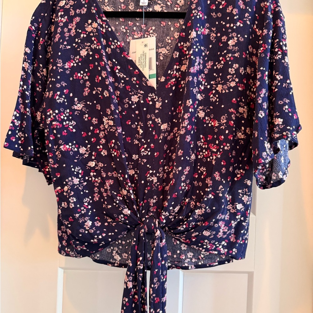 Belk Navy Floral Tie-Front Blouse